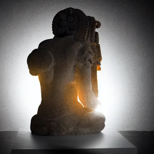 Image similar to studio photography of an ancient idol statue getting smashed into pieces, dramatic lighting