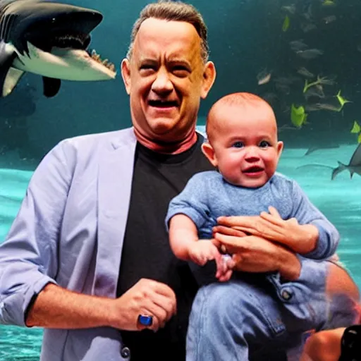 Prompt: tom hanks dropping a baby into a shark tank