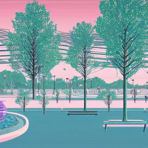 Image similar to art deco vaporwave illustration of a park with trees, benches, and a water feature, in a futuristic pastel city