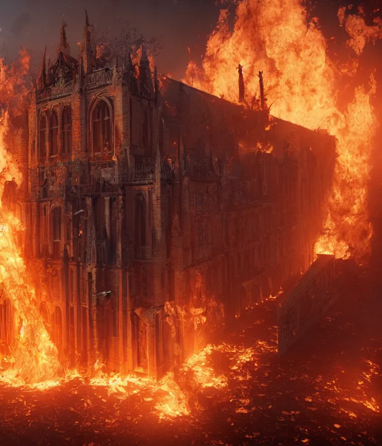 Image similar to a beautiful hyperrealistic detailed 3D render of a burning church, by genzoman, unreal engine, octane render, gigantic, 3D, brilliantly coloured, intricate, ultra wide angle, trending on artstation, embers, smoke, dust, dusk, volumetric lighting, HDR, polished, micro details, ray tracing, 8k