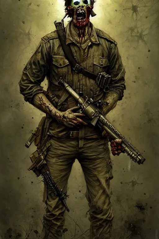 Image similar to zombie soldier | esoteric symbolism | jean - baptiste monge, esao andrews, bastien lecouffe - deharme, tim jacobus, ken currie | ultra - detailed realism, soft cinematic lighting, hi - fructose, artstation, high - quality, ink watercolors wes anderson poster art