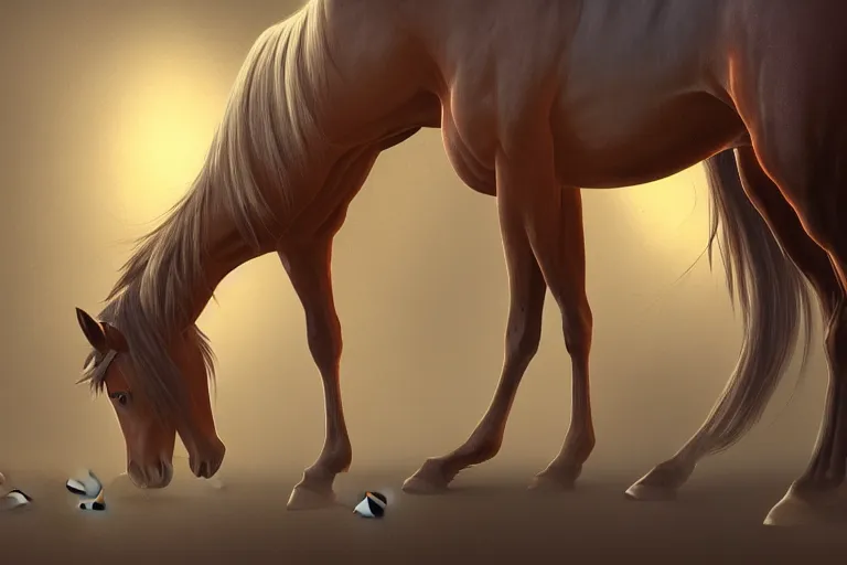 Image similar to A horse attempting to solve a jigsaw puzzle!!!, looking confused, cinematic lighting, evening light, stables, digital painting, volumetric light, concept art, trending on artstation