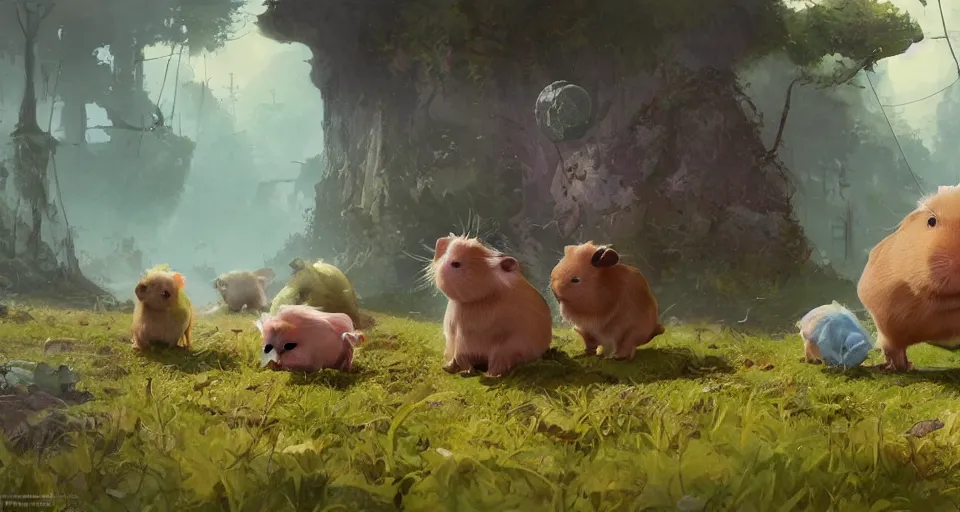 Prompt: a realistic cute guineapigs everywhere, by simon stalenhag, frank frazetta, greg rutkowski, beeple, yoko taro, christian macnevin, beeple, epic fantasy character art, volumetric outdoor lighting, midday, high fantasy, cgsociety, cheerful colours, full length, exquisite detail, post - processing, masterpiece, cinematic