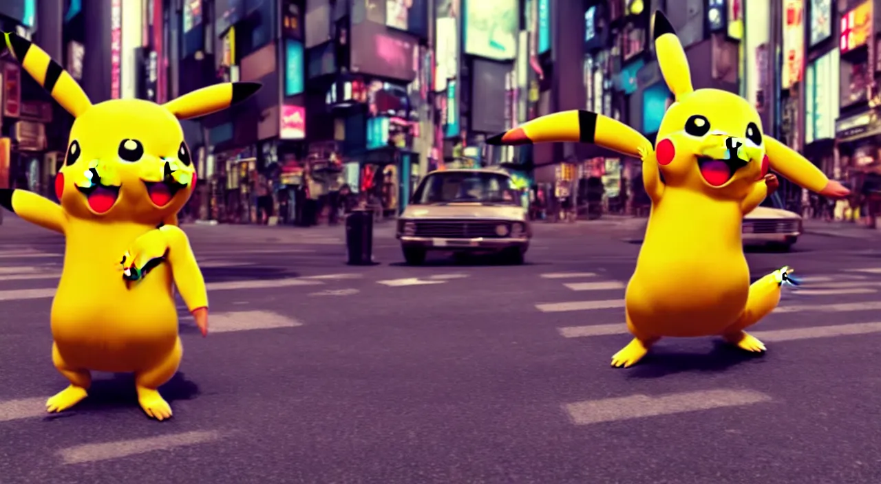 Image similar to hyperrealistic anthropomorphic pikachu dancing in the streets of dystopian tokio syd mead cinematic lighting 8k wide angle shallow depth of field