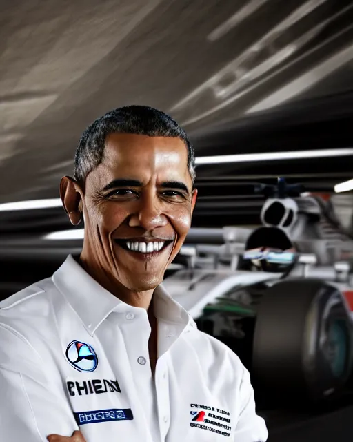 Prompt: a portrait of barack obama as a mercedes f 1 driver in a white overall with the face of barack obama, outdoor, professional portrait photography, ambient light