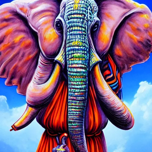 Image similar to lord shiva attaching an elephant head on a human subject, vivid and colorful, cinematic, highly detailed, artstation