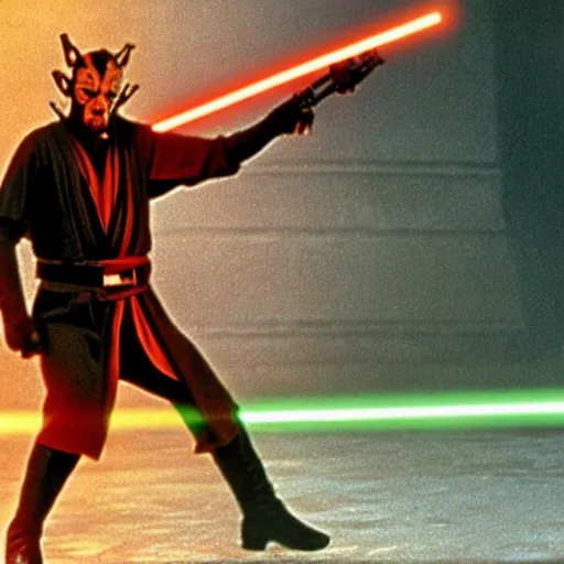 Prompt: a still of Alec guiness as obiwan kenobi dueling darth maul in star wars 1977.