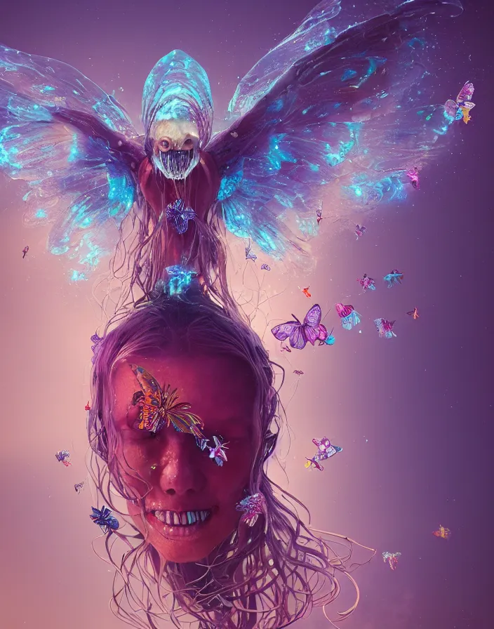 Prompt: beautiful princess. human skull jellyfish butterfly phoenix head. burning water. intricate artwork by Tooth Wu and wlop and beeple and dan mumford and greg rutkowski. halo. octane render, cinematic, hyper realism, octane render, 8k, depth of field, bokeh. iridescent accents