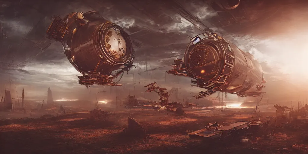 Image similar to steampunk spaceship under attack by mysterious intruders, interior, red, rusty brown, unreal 5, hyperrealistic, realistic, photorealistic, dynamic lighting, highly detailed, cinematic landscape, studio landscape, studio lighting,