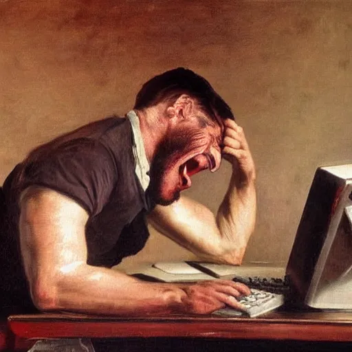 Image similar to an angry man screams at his computer monitor, oil on canvas, 1 8 8 3, highly detailed