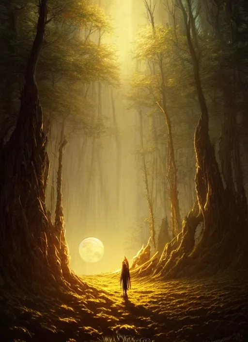 Prompt: fantasy book cover, full moon, fantasy forest landscape, golden elements, fantasy magic, no human, dark light night, intricate, elegant, sharp focus, illustration, highly detailed, digital painting, concept art, matte, art by WLOP and Artgerm and Greg Rutkowski and Albert Bierstadt, masterpiece