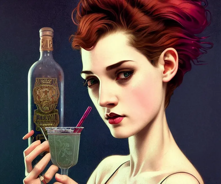 Prompt: character portrait of young woman as a beautiful barmaid, pixie cut with shaved side hair, gloomy dark speakeasy, dystopian 1920s soviet mood, intricate, wild, highly detailed, digital painting, artstation, concept art, smooth, sharp focus, illustration, art by artgerm and greg rutkowski and alphonse mucha, vibrant deep colors, 🍸, 8k octane beautifully detailed render, post-processing, extremely hyperdetailed, Art Nouveau, masterpiece