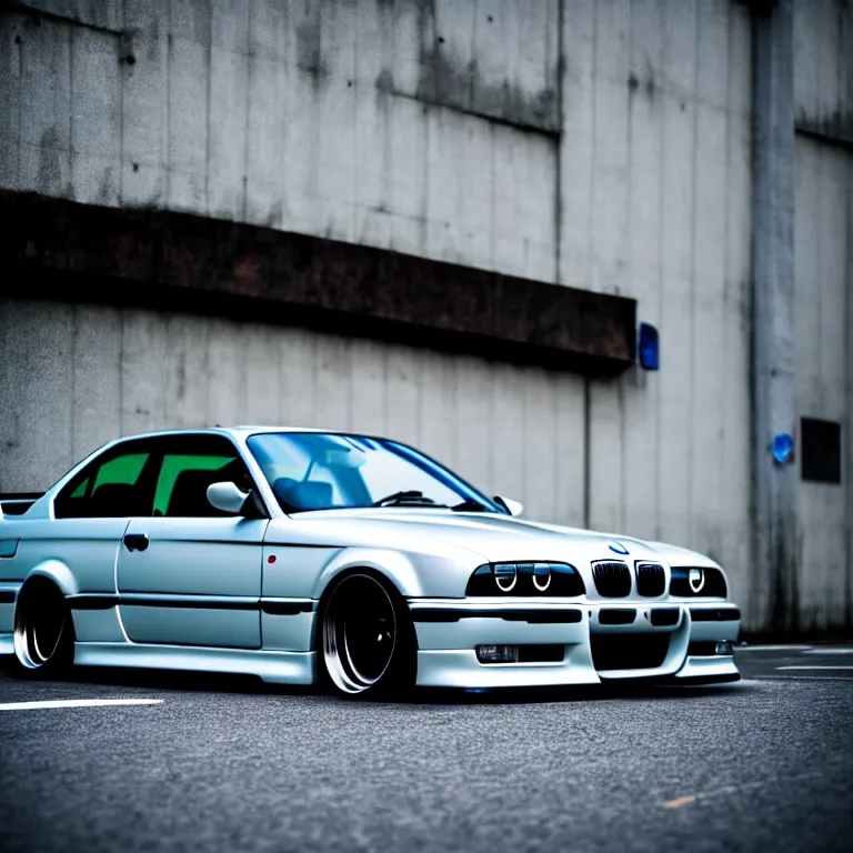 Image similar to close-up-photo BMW E36 turbo illegal meet, work-wheels, Gunma prefecture, rooftop carpark, cinematic color, photorealistic, high detailed deep dish wheels, highly detailed, custom headlights, neon underlighting