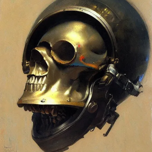 Image similar to portrait of deep sea diver helmet, detailed skull face, detailed painting, epic lighting, by ilya repin, phil hale and kent williams