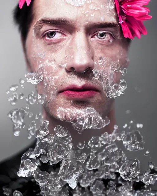 Image similar to portrait of a man, close-up, ice on the face, steel skin, high sharpness, zeiss lens, fashion photo shoot, flowers, gray hair, Coral lipstick, in the background black , in pink, illumination semidark , Edward Buba , Annie Leibovitz , Paolo Roversi , David Lazar , Jimmy Nelsson , Eiko Hosoe , artistic , hyper-realistic , beautiful face , octane rendering