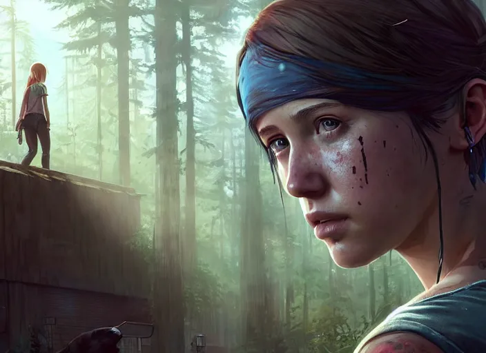 Image similar to highly detailed portrait of chloe price, in the last of us, stephen bliss, 8 k, unreal engine, fantasy art by greg rutkowski, loish, rhads, ferdinand knab, makoto shinkai and lois van baarle, ilya kuvshinov, rossdraws, tom bagshaw, global illumination, radiant light, detailed and intricate environment