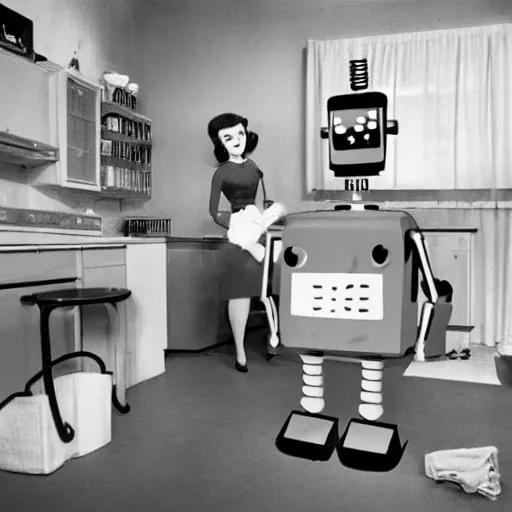 Prompt: fifties robot helps clean the house, domestic android, googie aesthetics