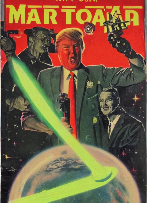 Prompt: 5 0 s sci fi pulp magazine cover of donald trump on mars pointing a ray gun to evil green martians, rocket on the background, by norman rockwell, by drew struzan, high res