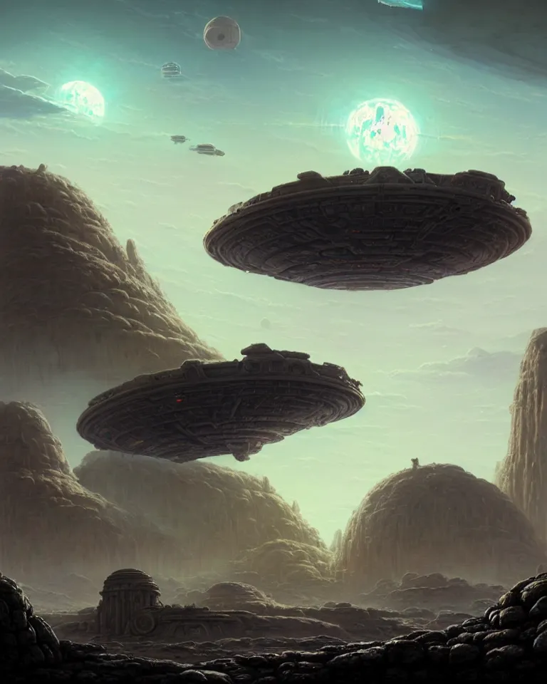 Image similar to large alien spacecraft hovering in the sky an a wasteland alien exoplanet and ancient ruins in background and alien planet with craters and large stone structures by bruce brenneise and peter mohrbacher, hyperrealistic very detailed landscape concept art, 3 d render, neosurrealism. digital concept art, pixel art, rendered in octane, trending on cgsociety, trending on artstation