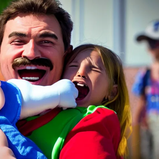 Image similar to super mario smiling while holding a screaming crying kid in his arms