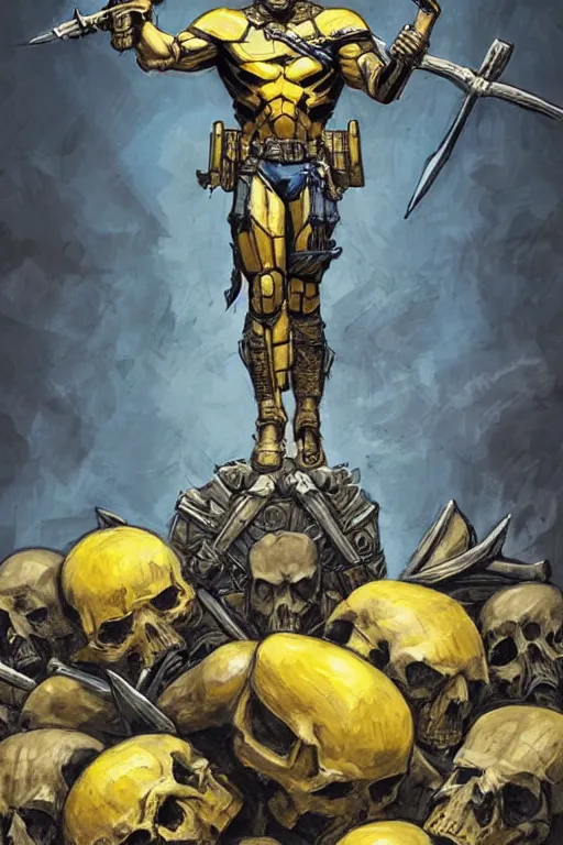 Image similar to a distant shot of a super soldier with blue and yellow flag and a trident symbol standing alone on a huge pile of skulls as a winner, masculine figure, D&D, fantasy, intricate, elegant, highly detailed, extremely detailed, digital painting, artstation, concept art, matte, smooth, sharp focus, illustration, art by Artgerm and Greg Rutkowski and Alphonse Mucha