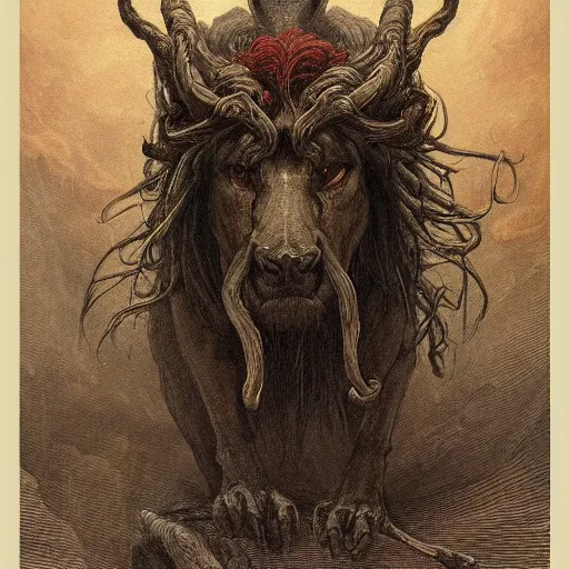 Image similar to a masterpiece! photographic portrait of a scarlet - colored!! beast!! with seven heads!! and ten horns!! by gustave dore and sam spratt and allen williams, trending on artstation, cgsociety, 8 k hd, earthtone colors, a cloaked woman riding the back of the beast