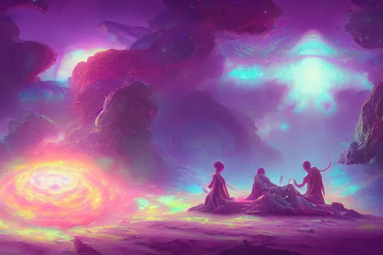 Image similar to a psychedelic realm at the edge of the known universe, astral beings sharing love!!!!, in the style of greg rutkowski! and wlop and lisa frank! and bob ross!!! and ruan jia, illustration, epic, fantasy, hyper detailed, smooth, unreal engine, sharp focus, ray tracing