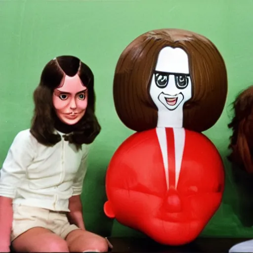 Image similar to a teenage girl with an inflatable cartoon head goes to high school live-action john waters film 1974 technicolor