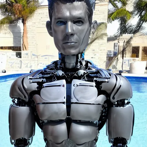 Image similar to made of ice, a realistic detailed photo of a guy who is an attractive humanoid who is half robot and half humanoid, who is a male android, on display, blank stare, showing off his muscles, shiny skin, posing like a statue, by the pool, frozen ice statue, twitch streamer / gamer ludwig, humanoid robot