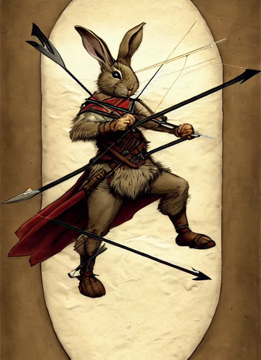 Image similar to a heroic rabbit archer with bow and arrow on a parchment background, redwall, greg rutowski and jean baptiste monge, detailed, epic fantasy concept art