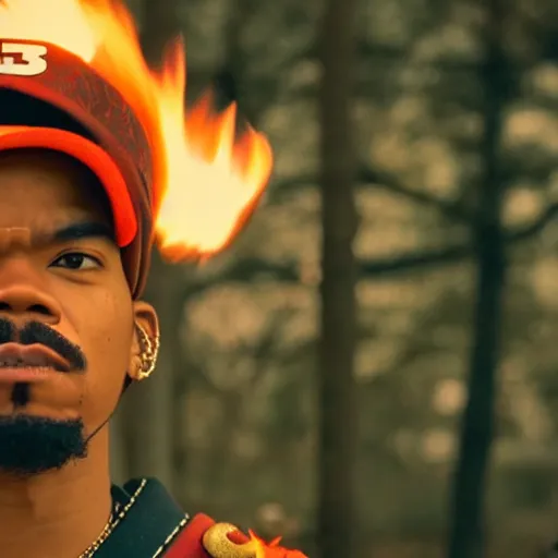 Image similar to cinematic film still of Chance The Rapper starring as a Samurai holding fire, Japanese CGI, VFX, 2022, 40mm lens, shallow depth of field, film photography