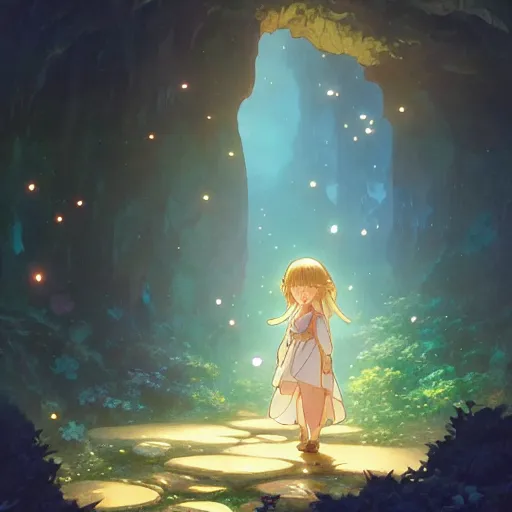 Prompt: small girl and the fireflies, in a magical cave. anime, fantasy, smooth. digital painting, by hayao miyazaki and rossdraws and artgerm and detmold and greg rutkowski and alphonse mucha. artstation. beautiful, high quality, stunning, intricate detailed environment. 8 k