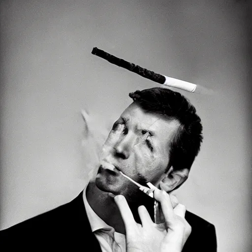 Prompt: man in corner office tower smoking cigarette by avedon