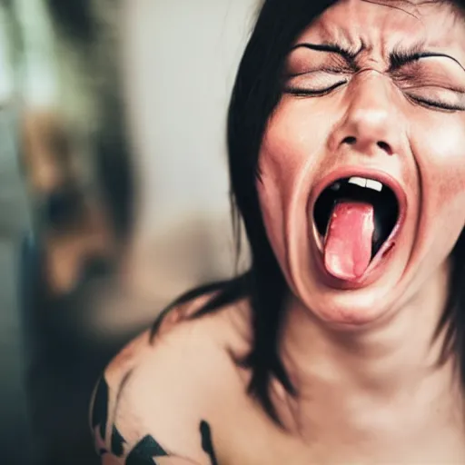 Image similar to woman screaming with stupid looking tattoo, close - up photography