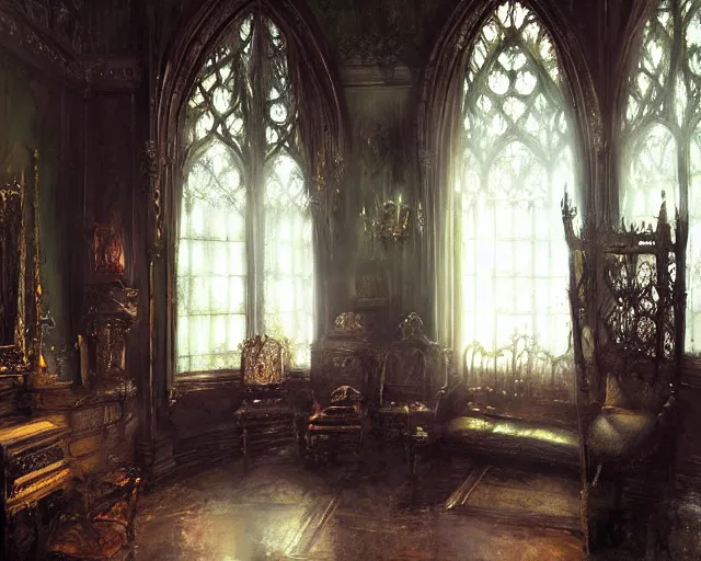 Prompt: gothic mansion room, ornate, magical, elegant, artwork, paint, complimentary colors, bastien lecouffe - deharme, by jeremy mann, by alexander fedosav