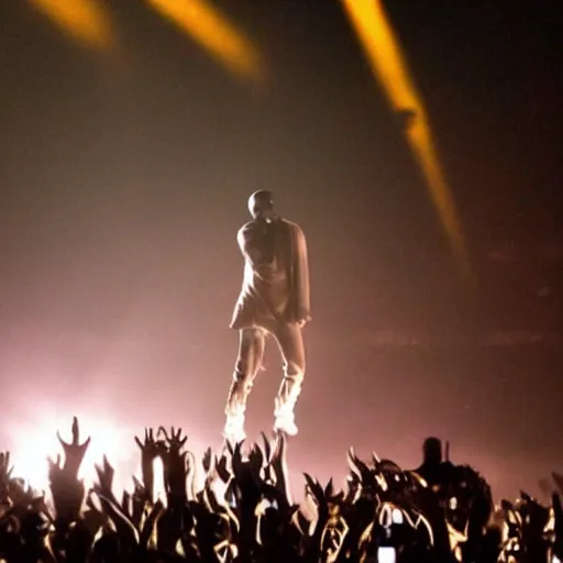 Prompt: The body of Kanye West rising into the sky in a beam of light at the end of a concert