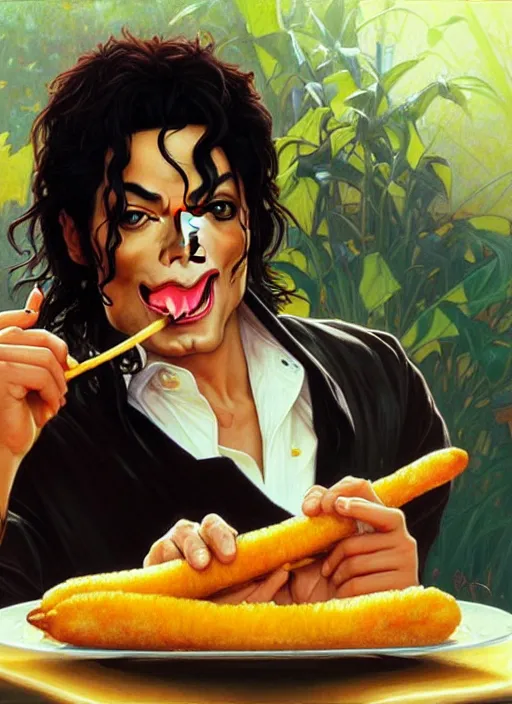 Prompt: michael jackson eating a corndog, painting by artgerm and greg rutkowski and alphonse mucha