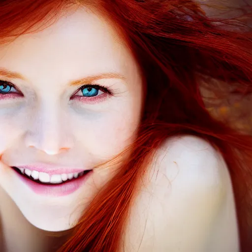 Prompt: smiling redhead woman, ultrarealistic photograph, 3 5 mm, beautiful eyes