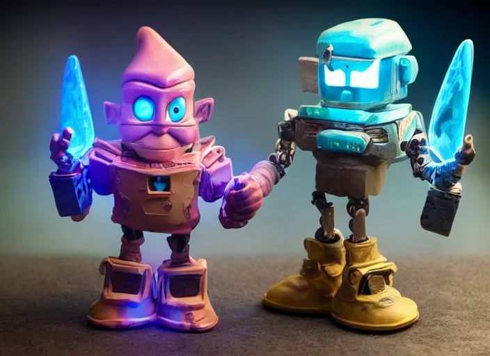 Prompt: a glowing transformers gnome robot fantasy claymation action figure, realistic materials, by joop geesink and pixar