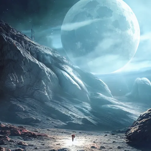 Image similar to one astronaut on the moon, beautiful dynamic lighting, cinematic, wide angle establishing shot, extremely high detail, photo realistic, cinematic lighting, post processed, concept art, artstation, matte painting, style by frederic church, raphael lacoste, unreal engine 8 k