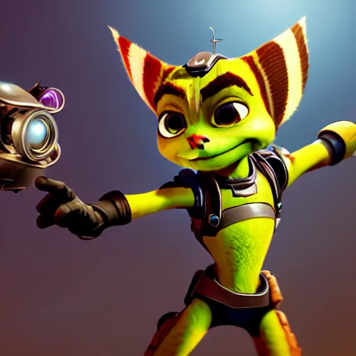 Prompt: ratchet and clank meet mr bean, D&D, fantasy, cinematic lighting, highly detailed, digital painting, artstation, concept art, smooth, sharp focus, illustration, warm light, cozy warm tint, magic the gathering artwork, volumetric lighting, 8k, no gold, no gold colours, art by Akihiko Yoshida, Greg Rutkowski