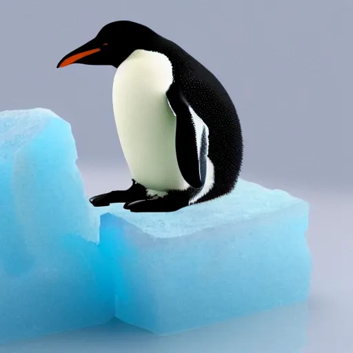 Prompt: render of penguin sitting on small piece of ice