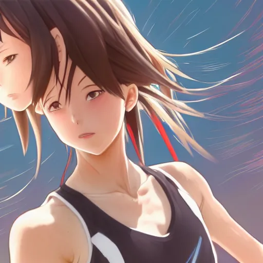Image similar to girl running, sport clothing, anime style, short hair, hair down, symmetrical facial features, hanebado anime, from arknights, hyper realistic, 4 k, rule of thirds, extreme detail, detailed drawing, trending artstation, realistic lighting, by alphonse mucha, greg rutkowski, sharp focus, backlit