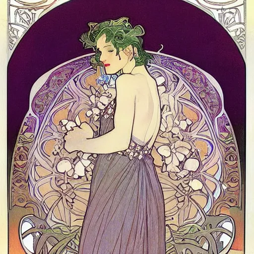 Image similar to art nouveau painting by Alphonse Mucha of Dream of the Endless from Sandman framed by white flowers. Soft, muted colors, dreamy aesthetic.