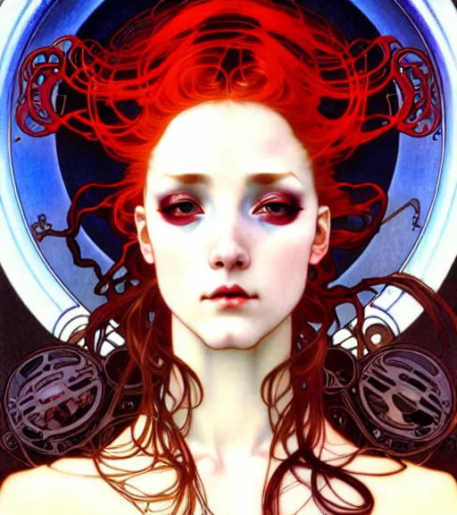 Prompt: realistic detailed profile portrait of a young beautiful alien baroque cyberpunk woman with long red hair wearing a silver dress by alphonse mucha, ayami kojima, amano, greg hildebrandt, and mark brooks, female, feminine, art nouveau, rococo cyberpunk, neo - gothic, gothic, character concept design