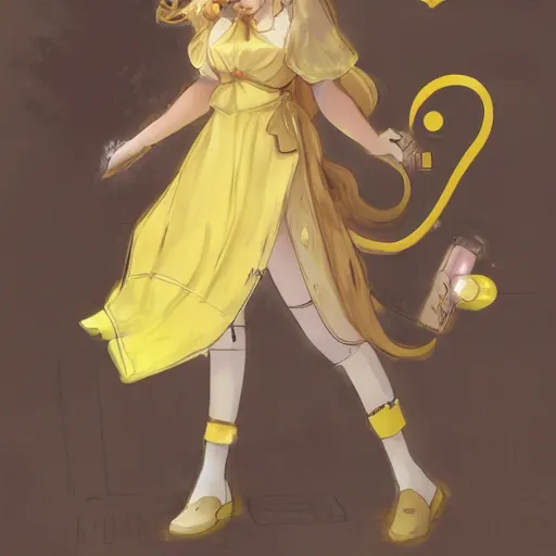 Image similar to A girl in a maid's outfit in a cafe a afternoon, wavy hair yellow theme,S line,45 angel by krenz cushart and mucha and akihito yoshida and greg rutkowski ,nier:automata inspired-H764