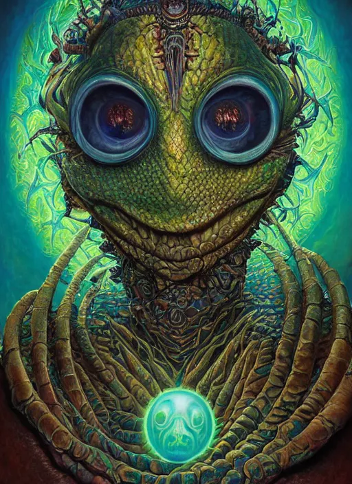 Image similar to duncan trussell glowing reptile eyes, shamanic poster lsd art, intricate, elegant, highly detailed, centered, digital painting, artstation, concept art, smooth, sharp focus, illustration, artgerm, tomasz alen kopera, peter mohrbacher, donato giancola, joseph christian leyendecker, wlop, frank frazetta