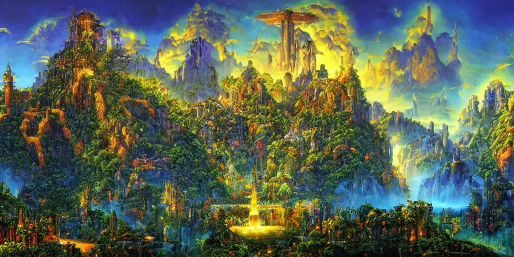 Prompt: fantasy oil painting, regale, fortress mega structure city, atlantis, colossus of rhodes gateway, hybrid, looming, warm lighting, overlooking, epic, lush plants flowers, rainforest mountains, bright clouds, luminous sky, outer worlds, cinematic lighting, michael cheval, michael whelan, oil painting, natural tpose