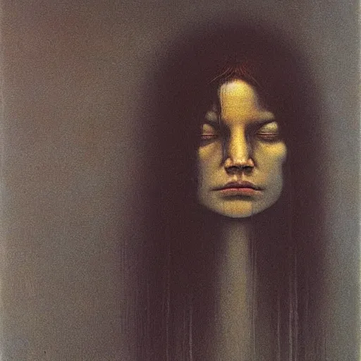 Prompt: young girl with a crow's head , painting by Beksinski