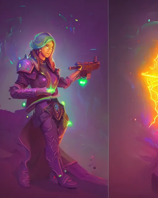 Prompt: A sorcerer wielding two Glock pistols, bust shot, smooth, intricate, elegant, galactic energy, power aura, neon glowing spells, digital painting, artstation, concept art, high tech fantasy, sharp focus, illustration, art by Jason Chan and Riot Studios and Blizzard Studios